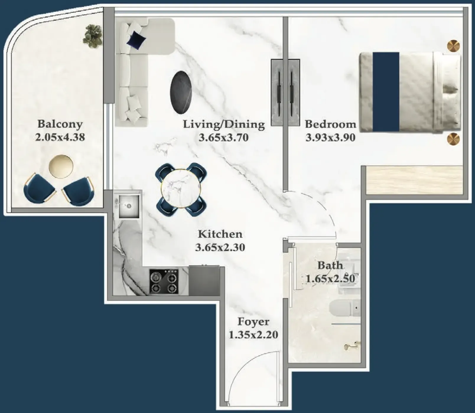 Serenz 1 bed floor plan, 583 – 590 sqft
