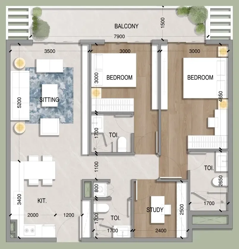 Oasis Residences 2 bed floor plan, 1,205 sqft