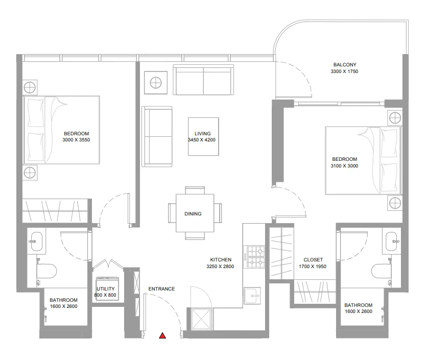 Bayside Marina Residences 2 bed floor plan, 809 sqft