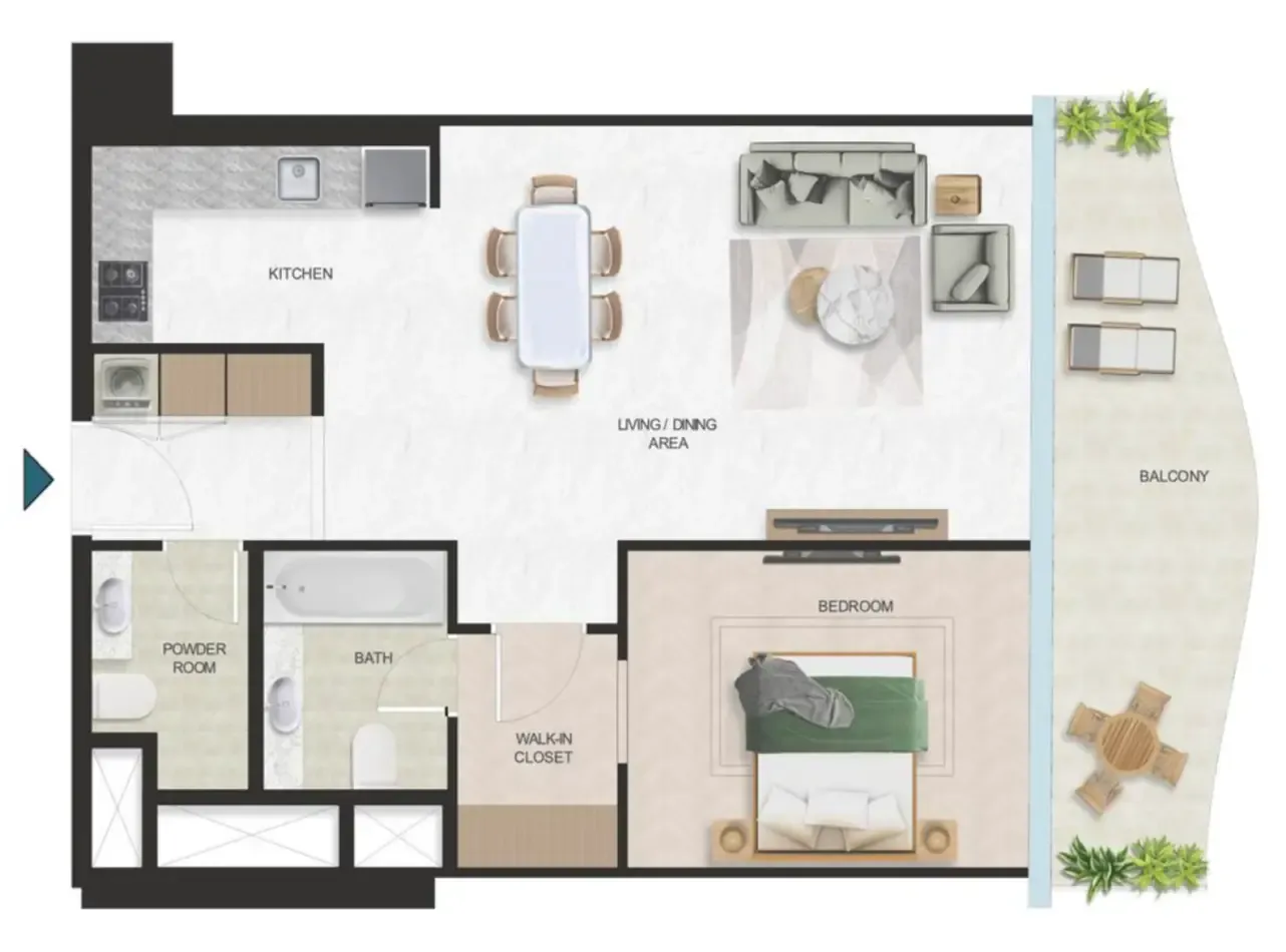 Oystra 1 bed floor plan, 919 sqft