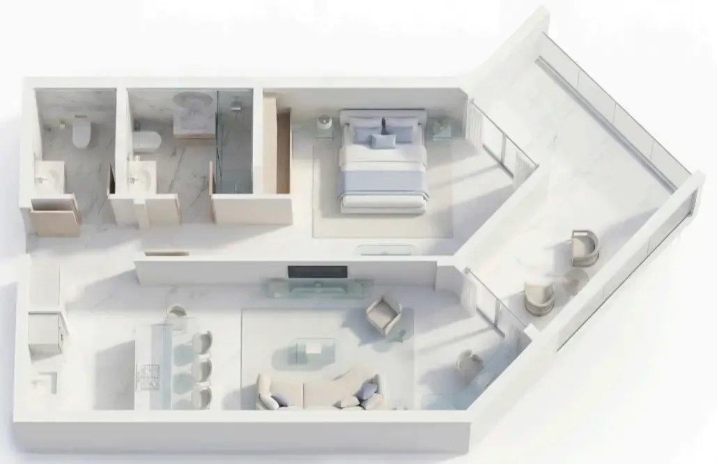 Ice Beach 1 bed floor plan, 880 sqft