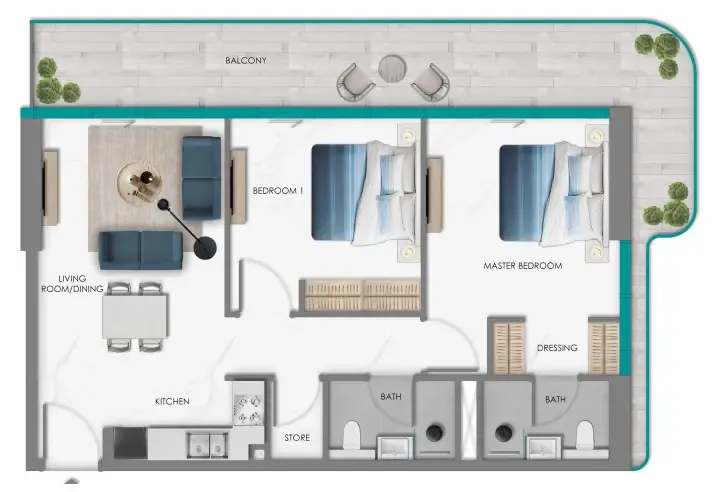 Samana South Haven 2 bed floor plan, 932 – 1,040 sqft