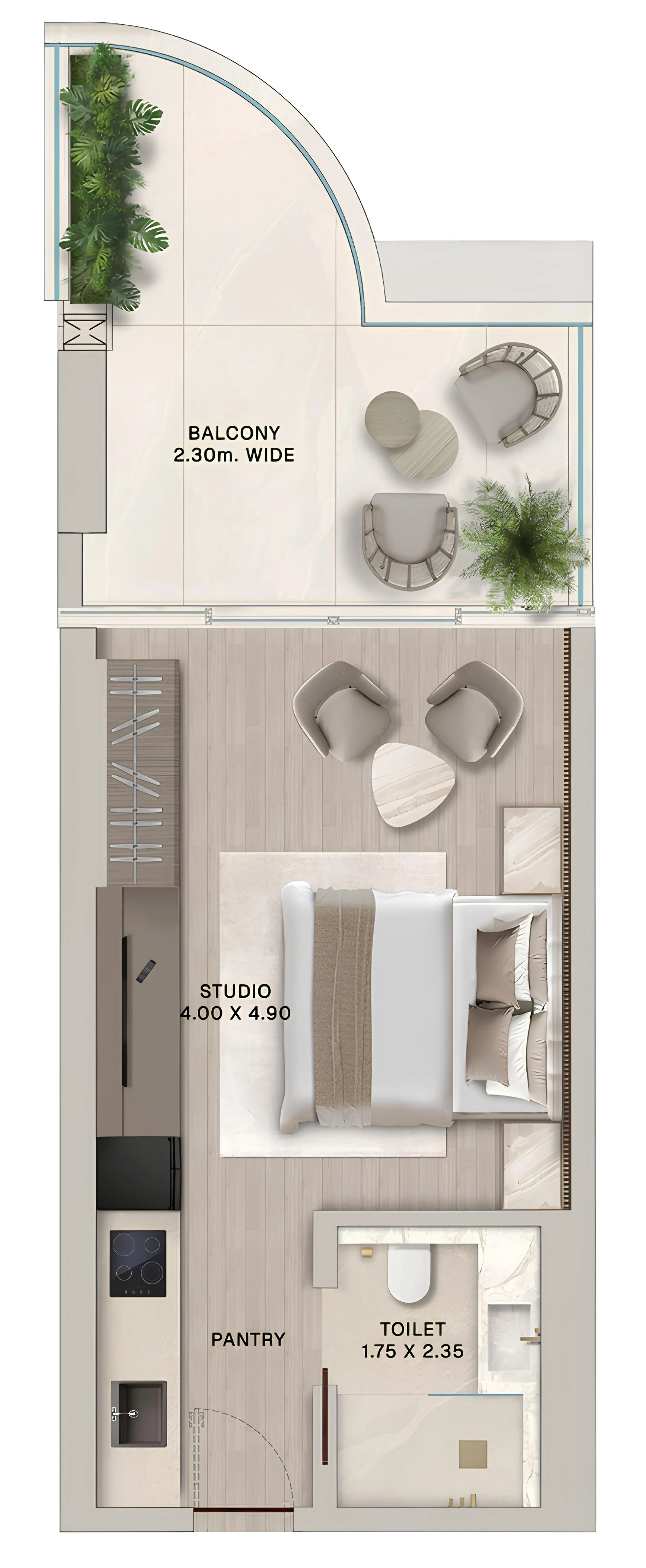 Soléva Beach Residences Studio floor plan, 494 sqft