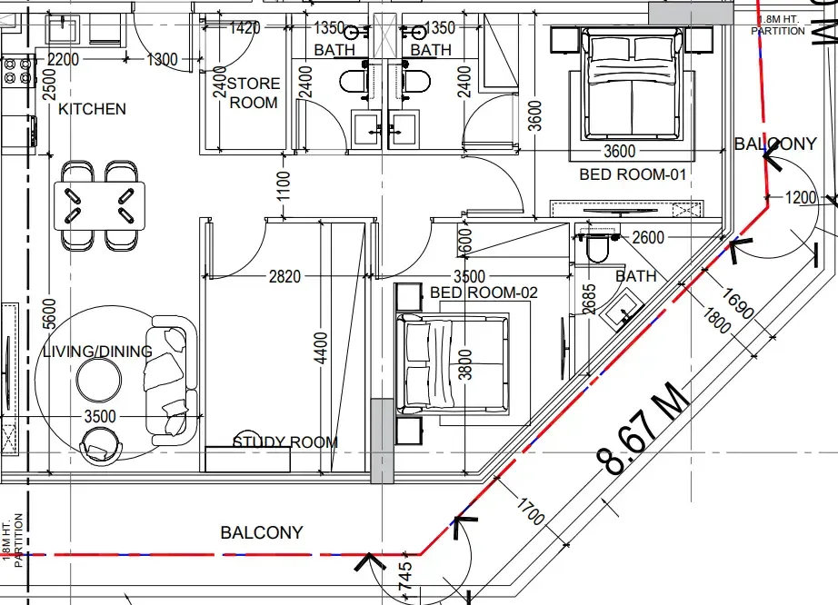 Al Haseen Residences 6 2 bed floor plan, 1,397 sqft