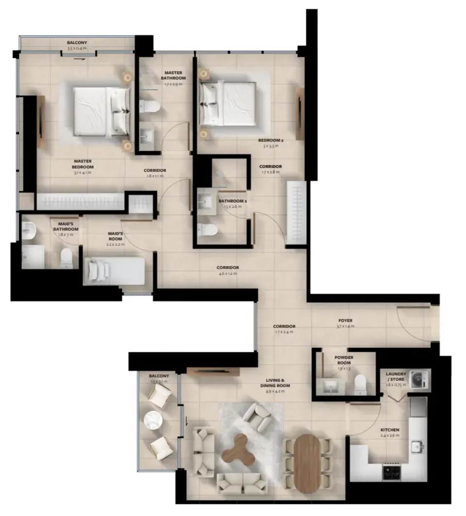Waada Dubai South 2 bed floor plan, 1,252 sqft