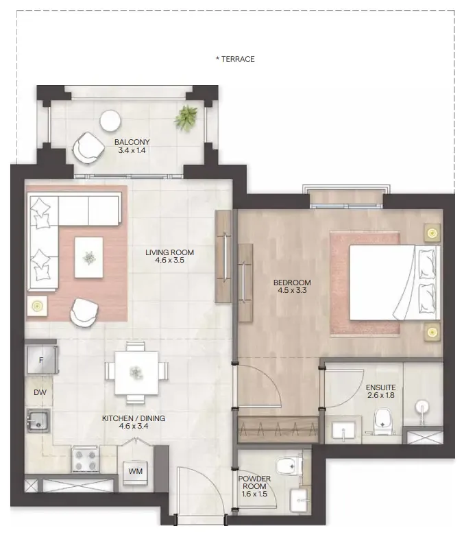 Bloom Living - Granada 1 bed floor plan, 1,020 sqft