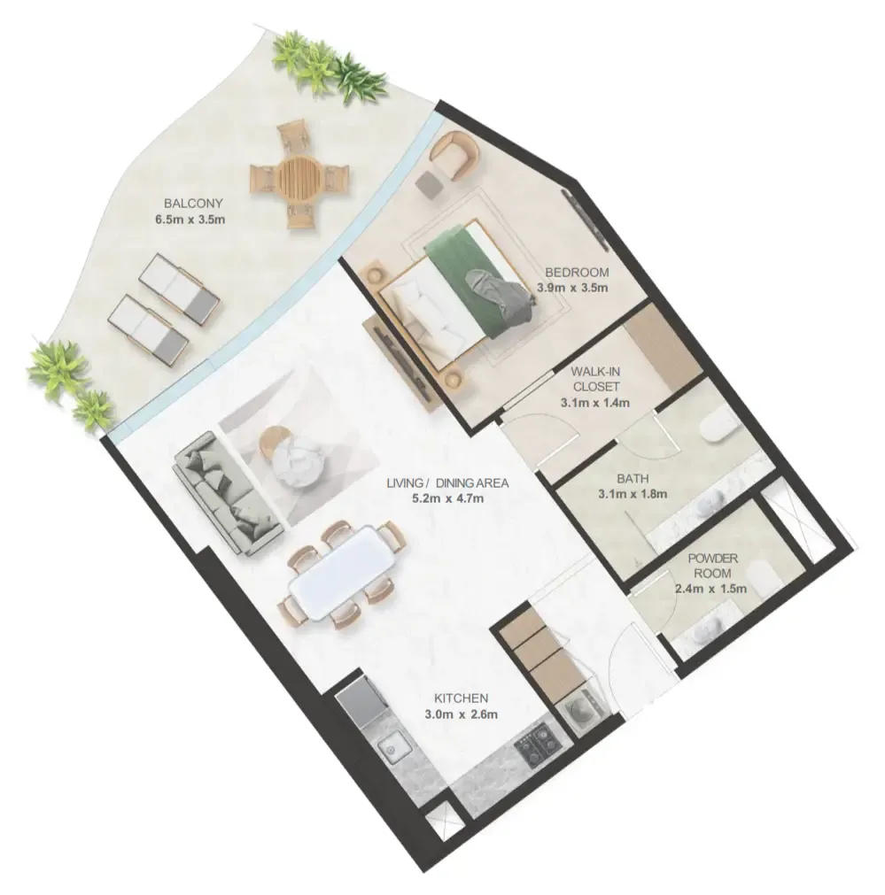 Oystra 1 bed floor plan, 986 sqft