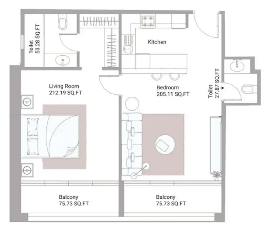 Ajman Creek Towers 1 bed floor plan, 1,087 sqft