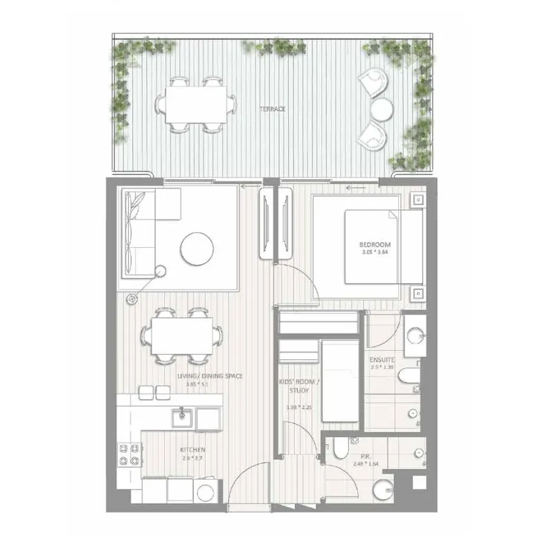 SOL Terra Gardens 1 bed floor plan, 770 sqft