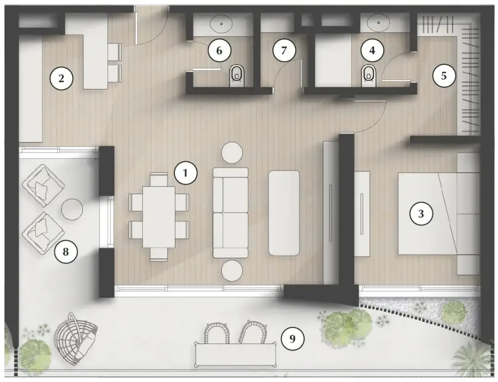 Lunaya Terraces 1 bed floor plan, 1,142 sqft