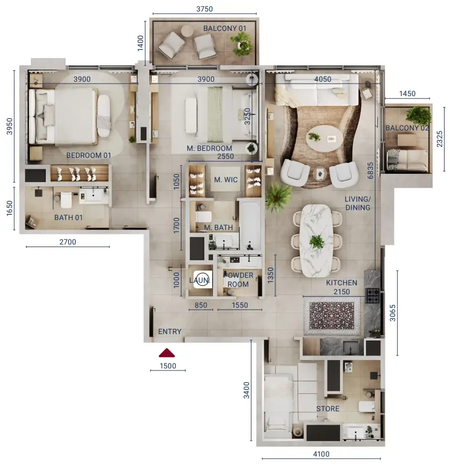 Mirdad 2 bed floor plan, 1,345 – 1,346 sqft