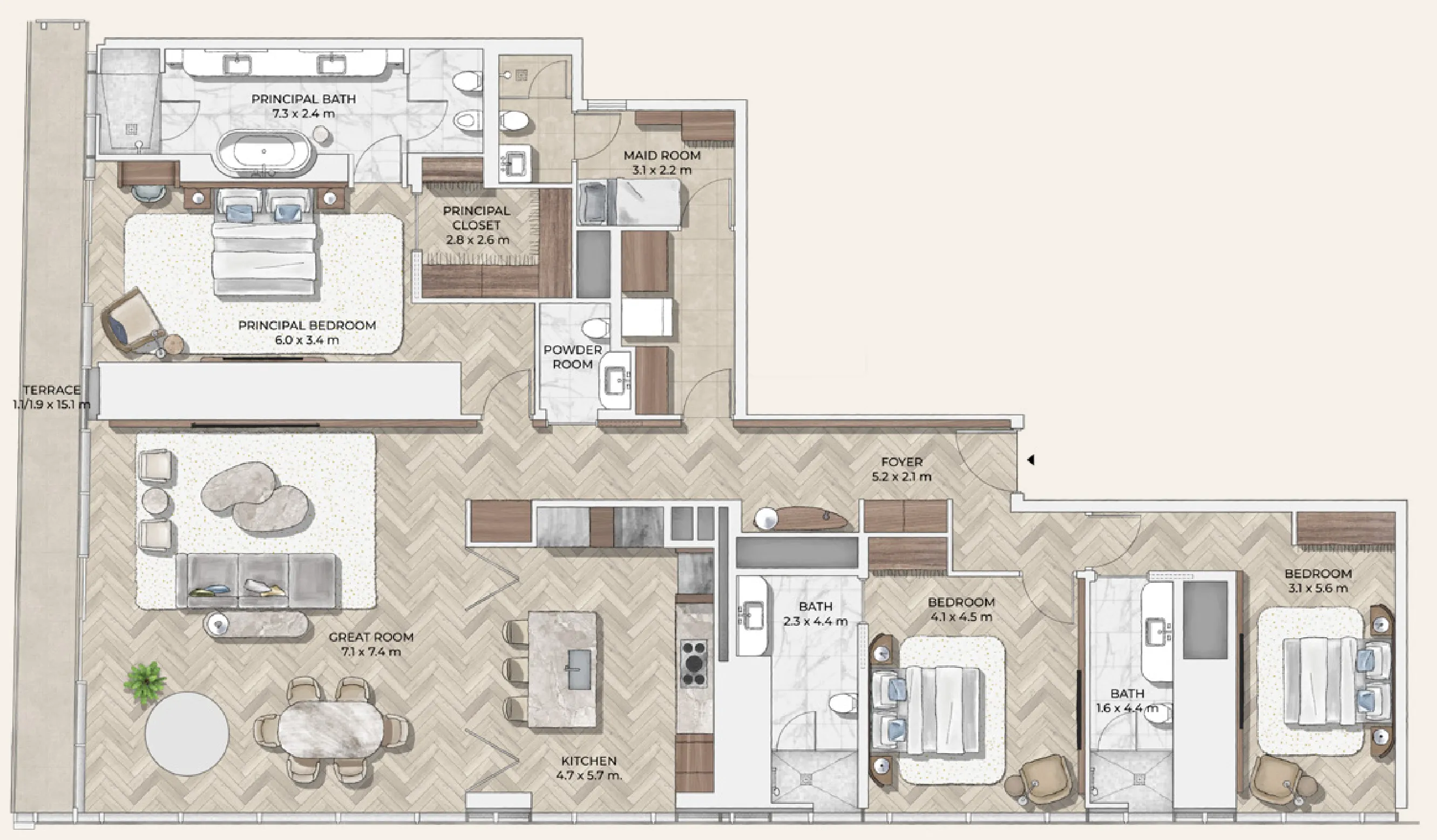 Mr. C Residences Downtown 3 bed floor plan, 3,118 – 3,134 sqft