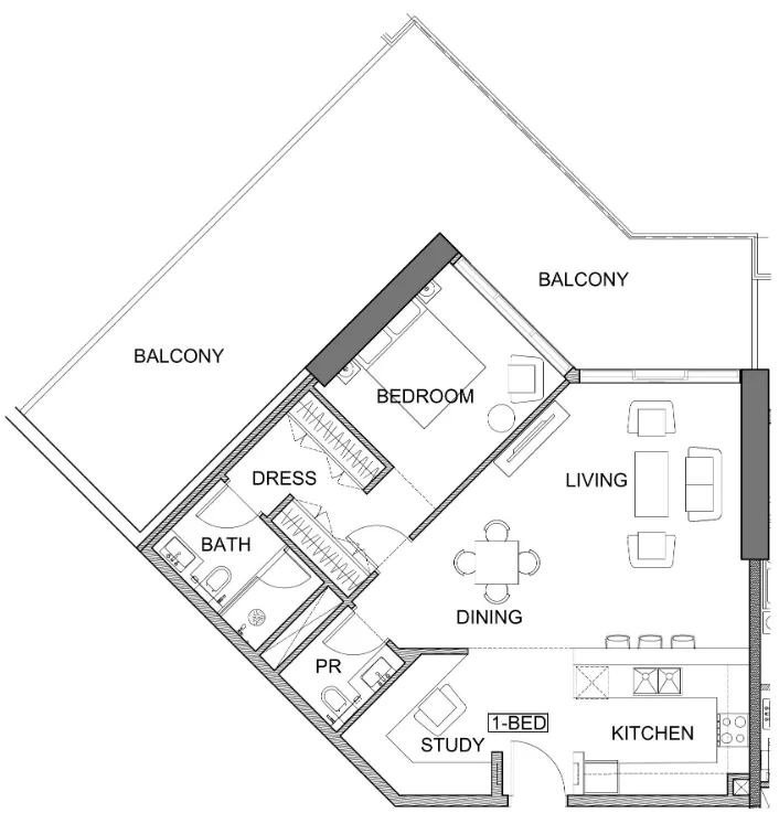 Golf Greens 1 bed floor plan, 1,352 sqft