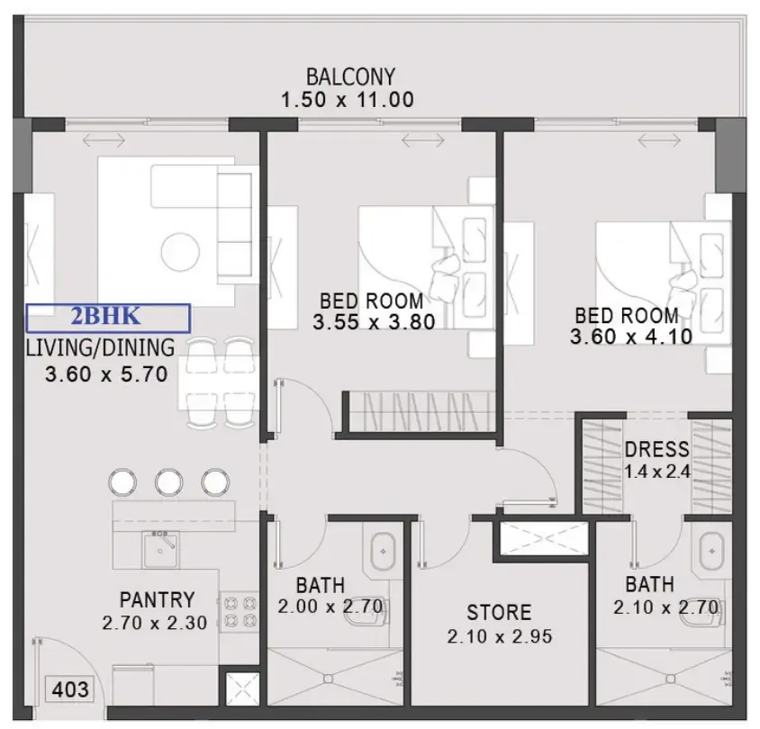 One By Preston 2 bed floor plan, 1,202 sqft