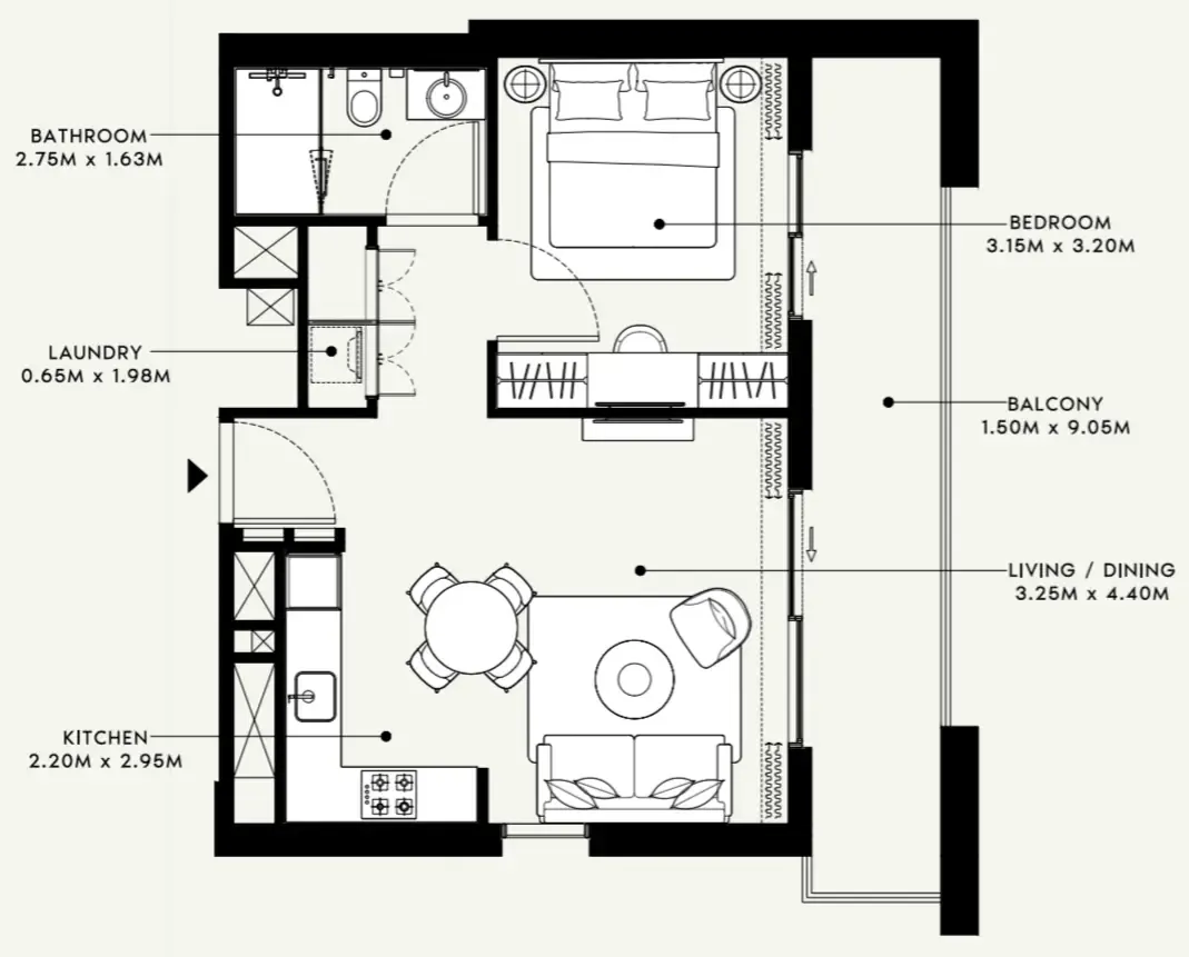 Beach Oasis 1 and 2 1 bed floor plan, 698 sqft