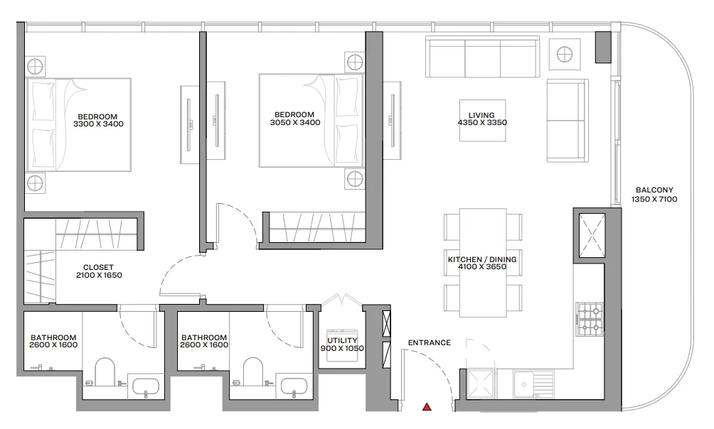 Beach Residences at Siniya Island 2 bed floor plan, 990 sqft