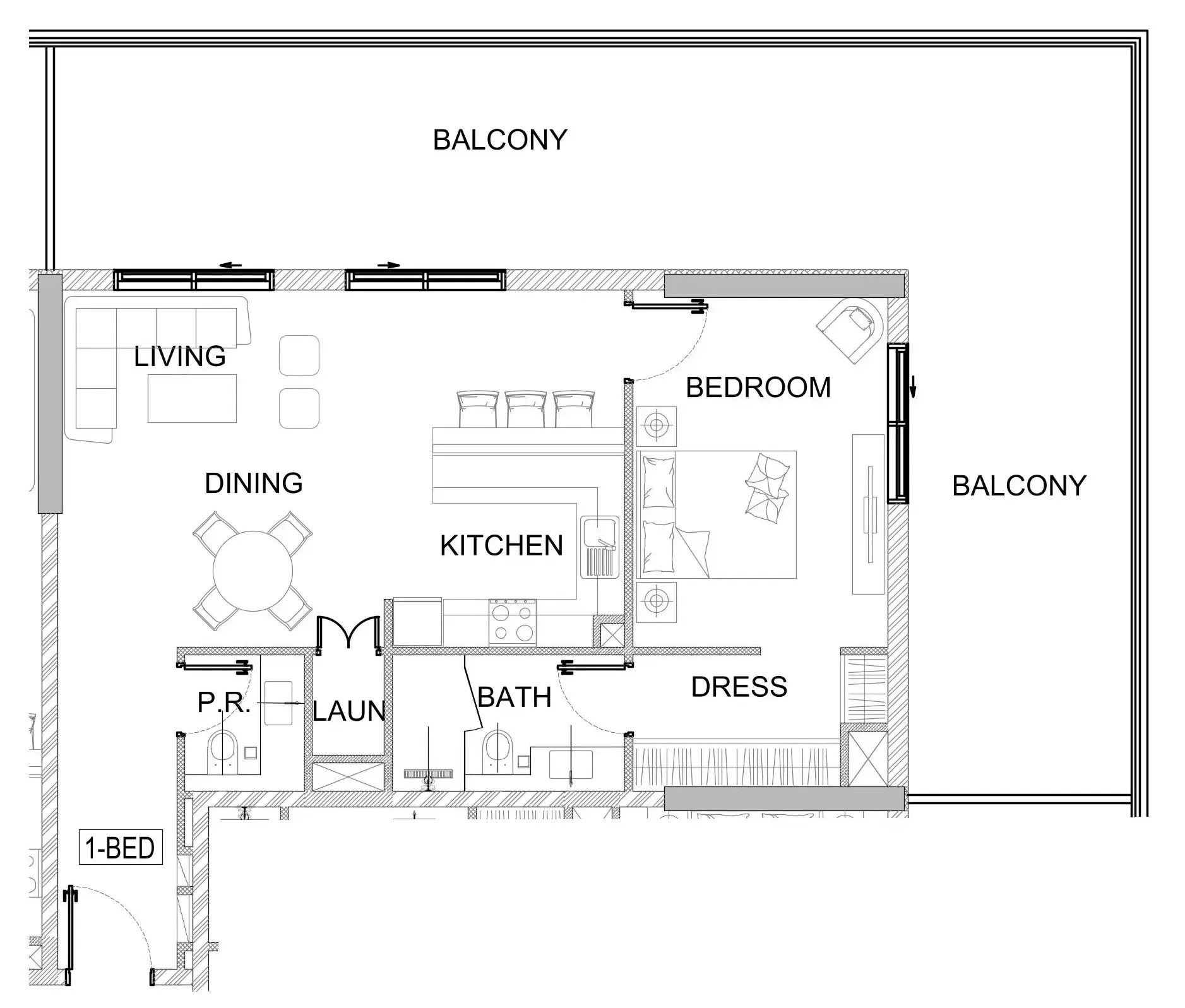 Valencia 1 bed floor plan, 1,418 sqft