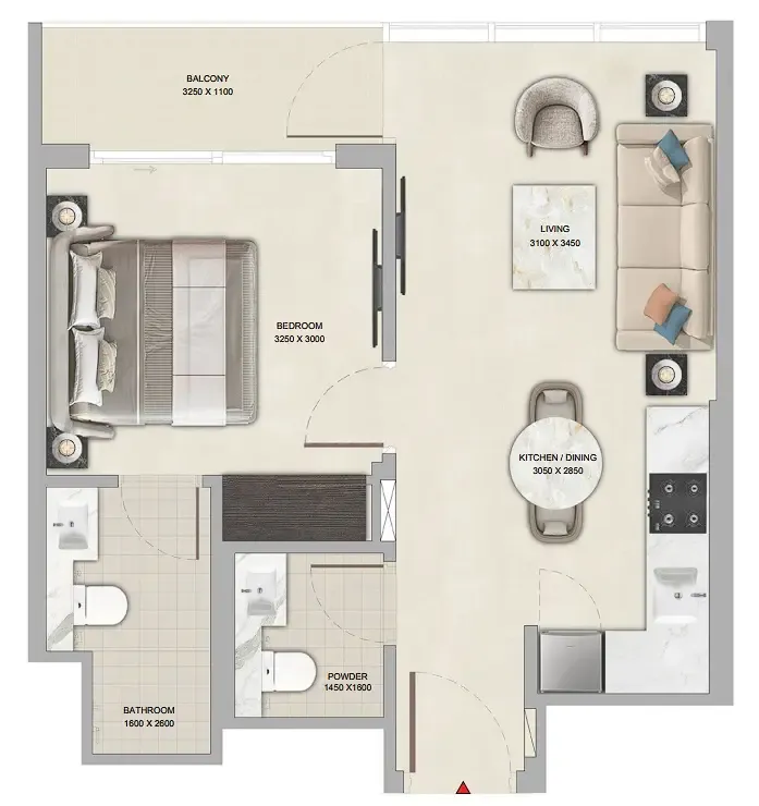 Tranquil Beach Residences 1 bed floor plan, 511 – 513 sqft