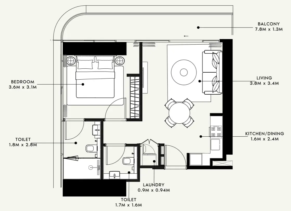 Azizi Milan 1 bed floor plan, 671 sqft
