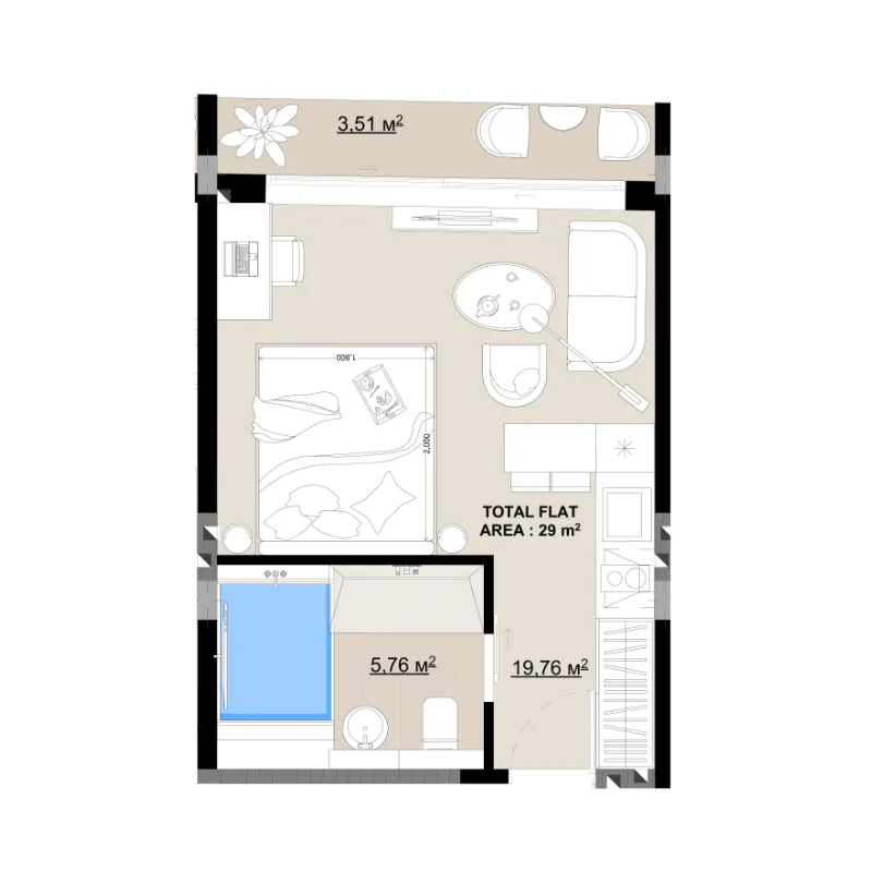 Buddha Club House Studio floor plan, 312 sqft