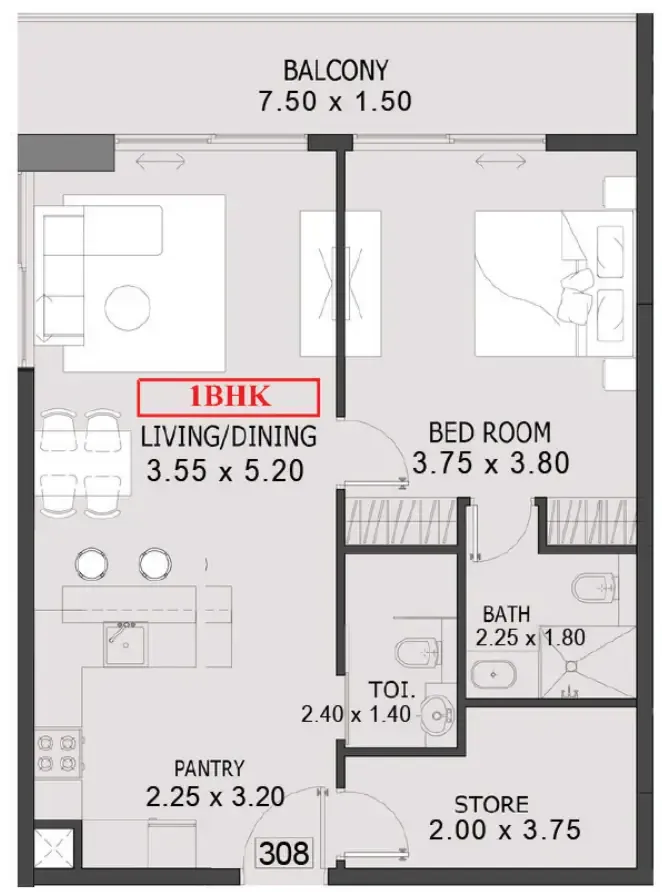 One By Preston 1 bed floor plan, 823 sqft