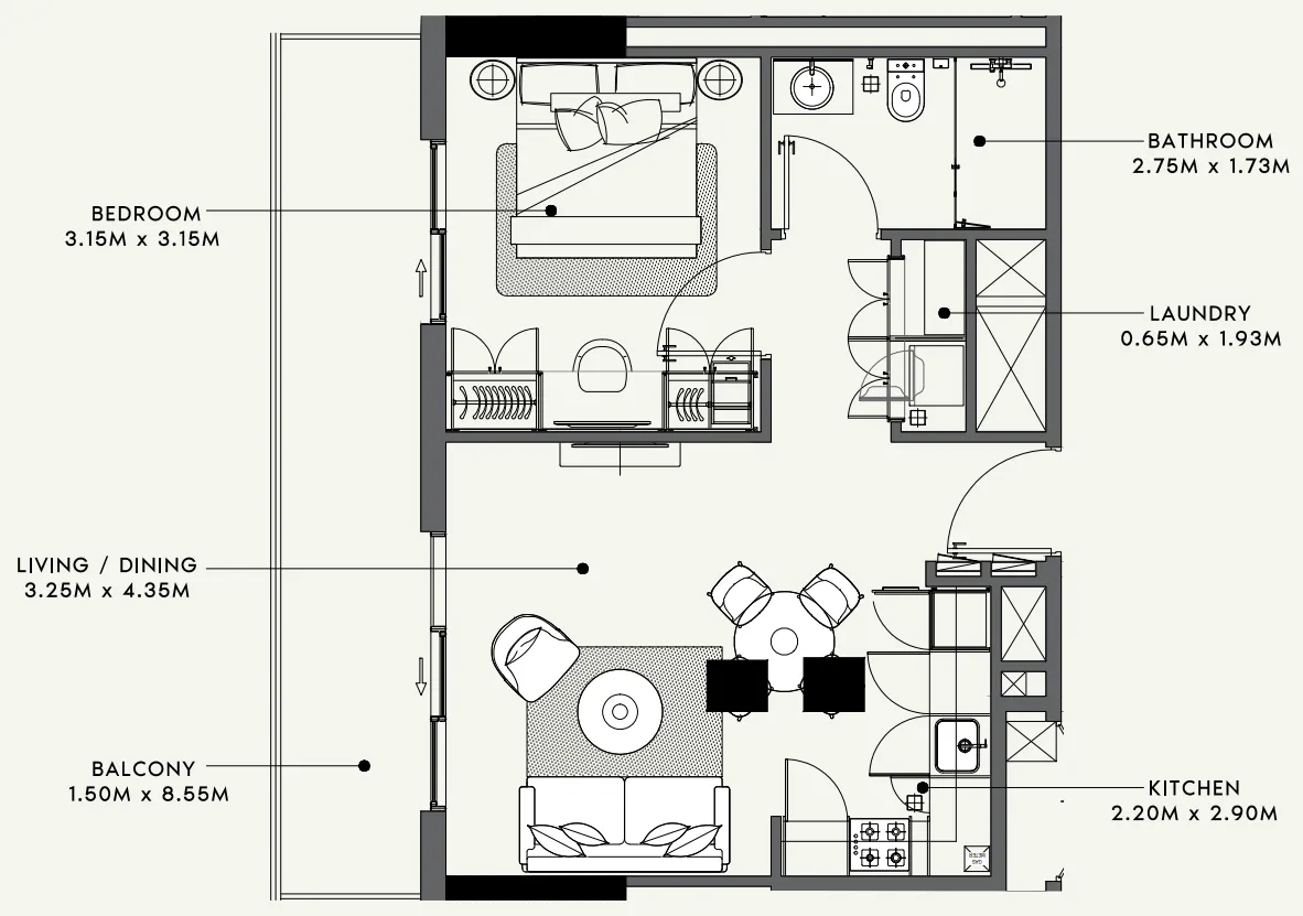 Beach Oasis 1 and 2 1 bed floor plan, 680 sqft