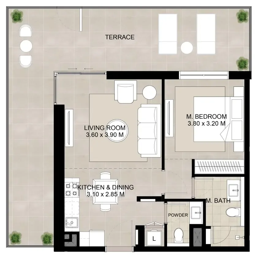 Augusta 1 bed floor plan, 988 sqft