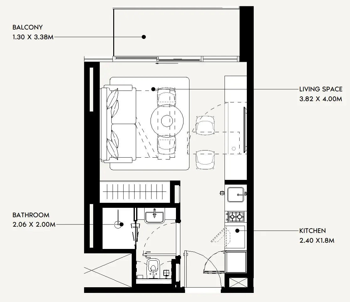 Jaddaf Beach Oasis Studio floor plan, 329 sqft