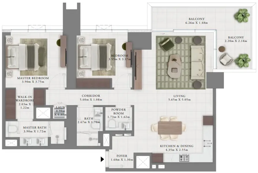 Creek Bay 2 bed floor plan, 1,397 sqft