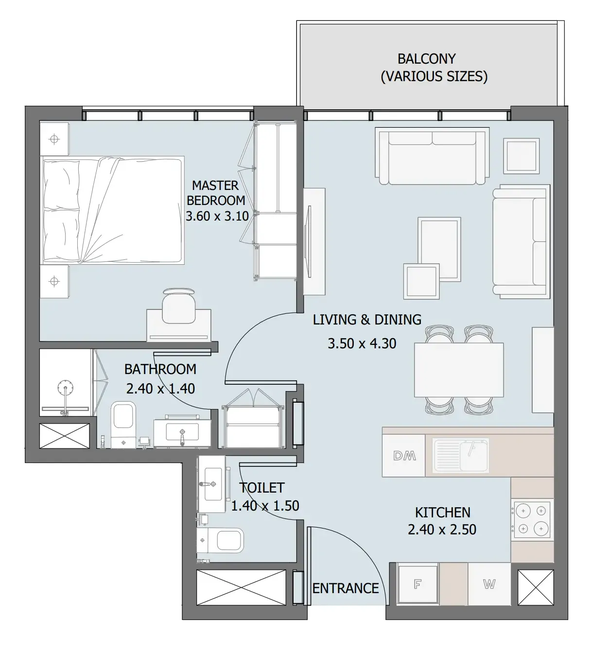 Verdana III 1 bed floor plan, 539 sqft
