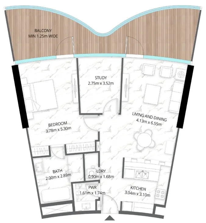 Aqua Arc 1 bed floor plan, 1,306 sqft