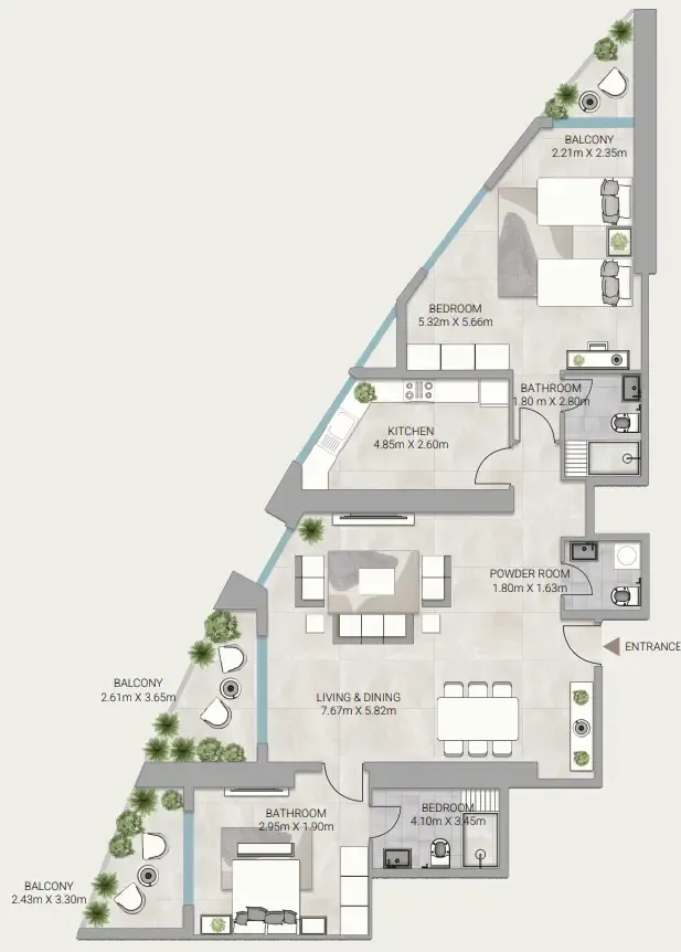 Ajman Creek Towers 2 bed floor plan, 2,058 sqft