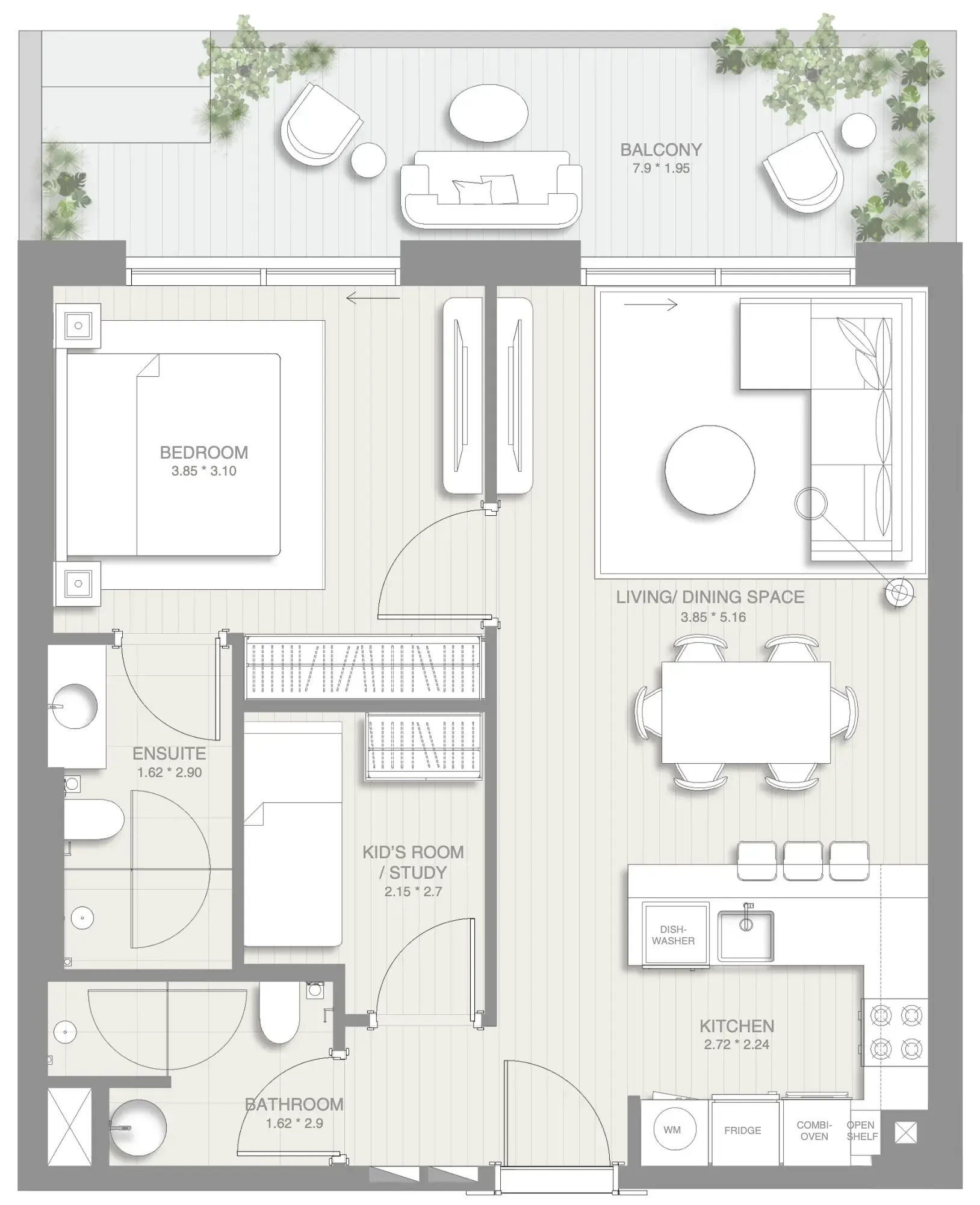 Sol Levante 1 bed floor plan, 865 sqft