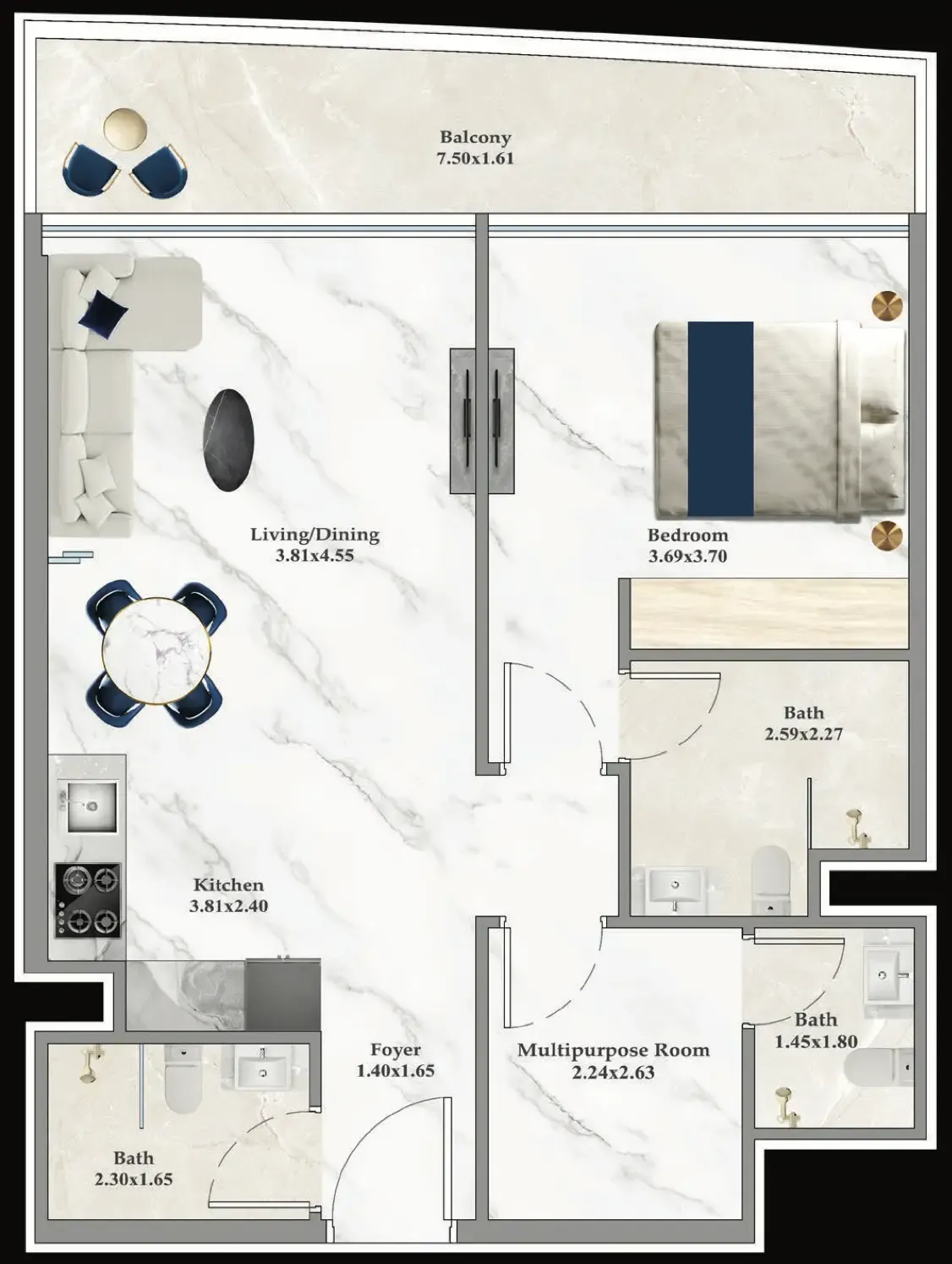 Aspirz 1 bed floor plan, 703 sqft