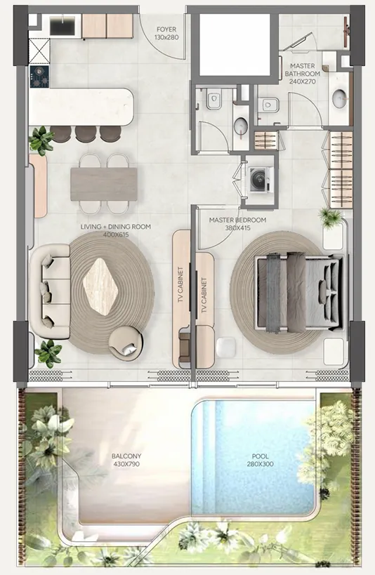 Vestoria Bay 1 bed floor plan, 1,130 sqft