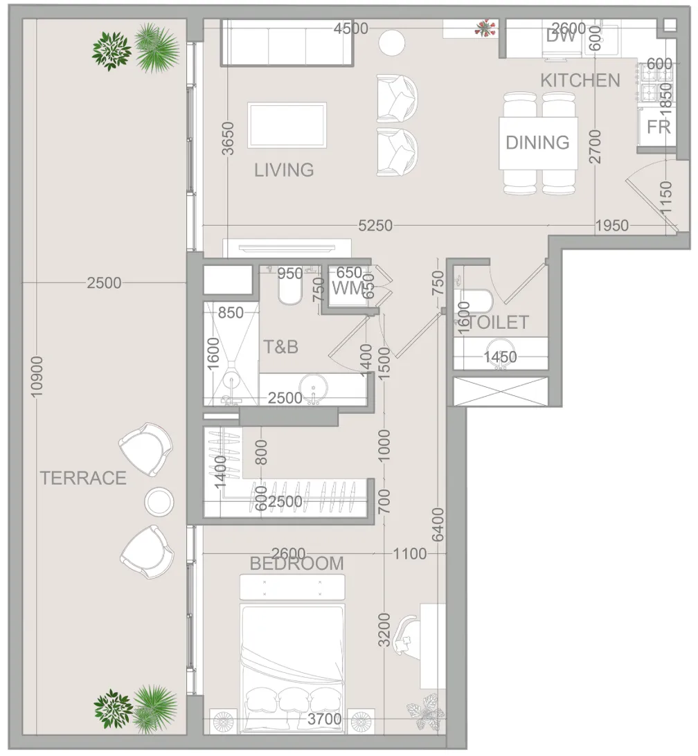 TETR1S Tower 1 bed floor plan, 955 sqft