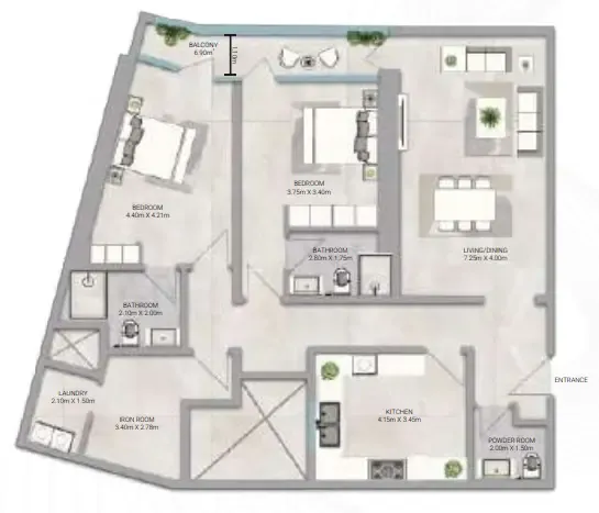 Amwaj Tower 2 bed floor plan, 1,998 sqft