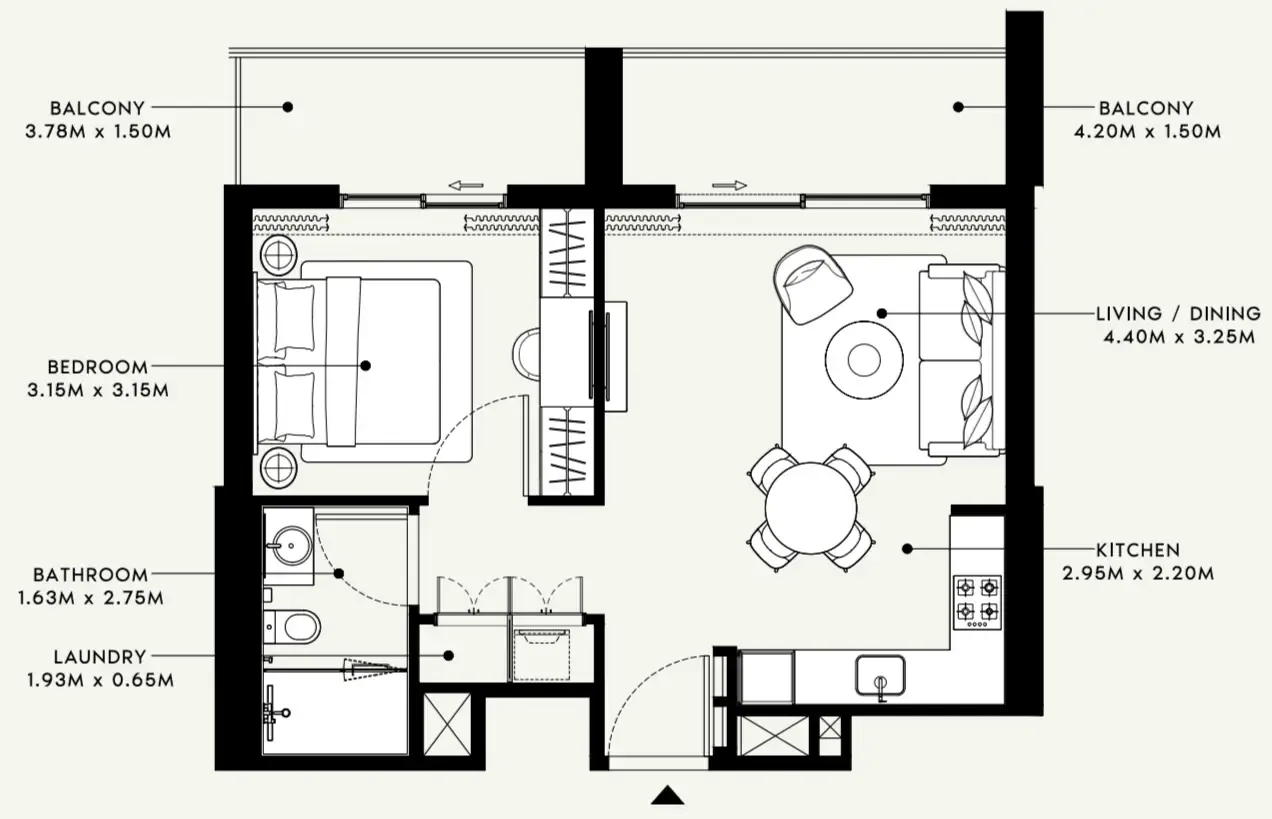 Beach Oasis 1 and 2 1 bed floor plan, 677 sqft