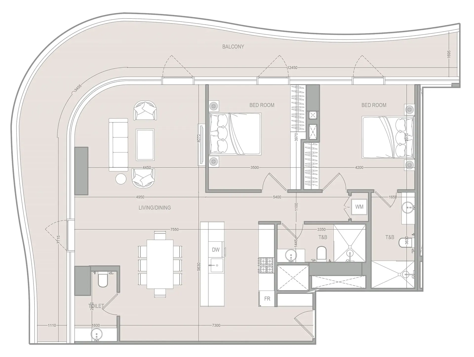 A1LA Residence 2 bed floor plan, 1,769 sqft