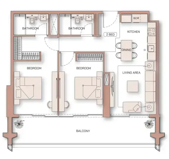 Binghatti Pinnacle 2 bed floor plan, 1,068 sqft