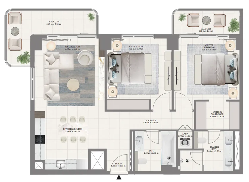 Porto View 2 bed floor plan, 1,285 sqft