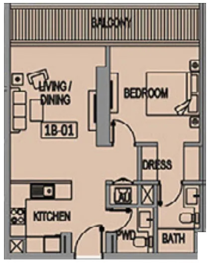 Jade Tower 1 bed floor plan, 744 sqft