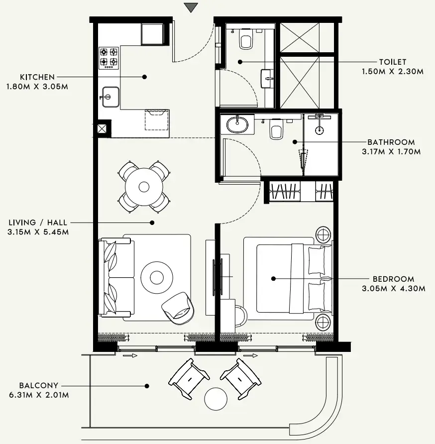 Azizi Venice 1 bed floor plan, 730 sqft
