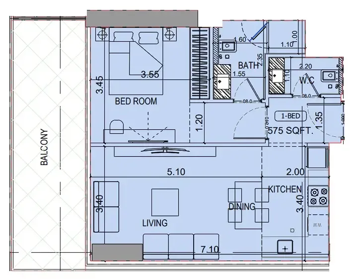 Binghatti Vintage 1 bed floor plan, 756 sqft