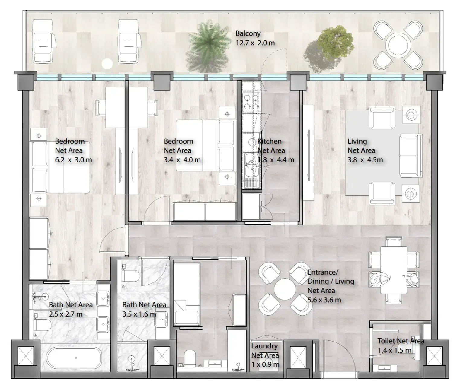 Yas Beach Residence 2 bed floor plan, 1,645 sqft