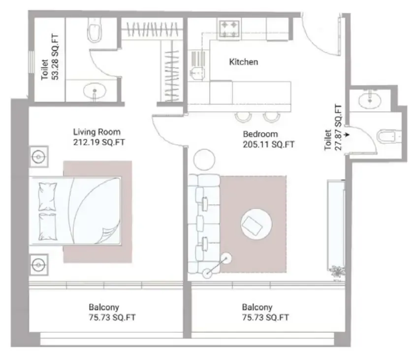 Ajman Creek Towers 1 bed floor plan, 1,083 sqft