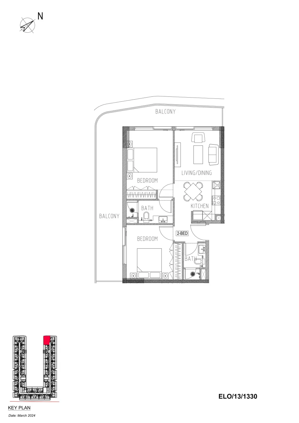 Elo Damac 2 bed floor plan, 1,005 sqft