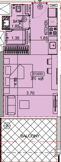 Binghatti Starlight Studio floor plan, 457 sqft