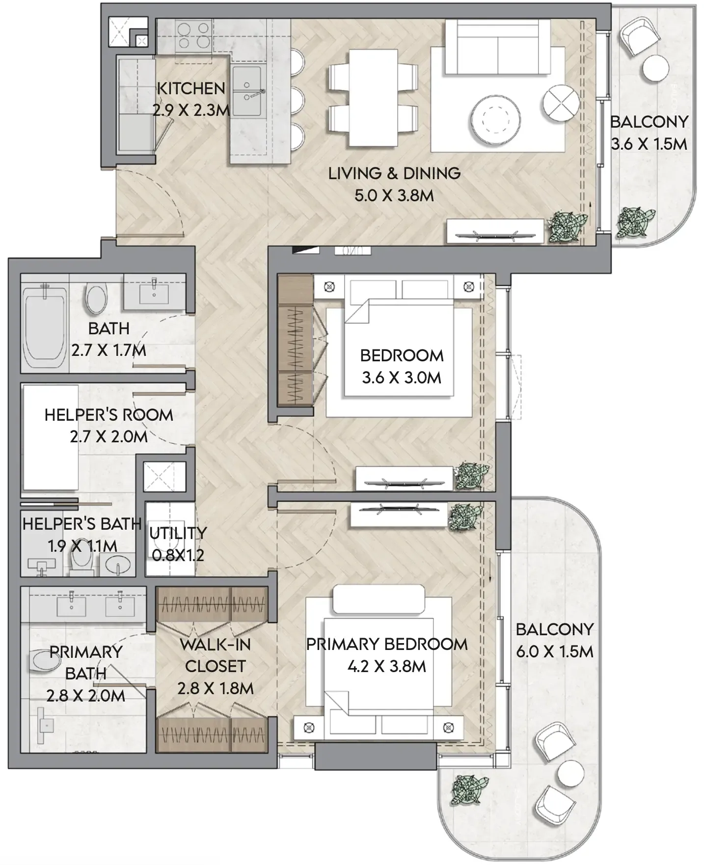 Nura 2 bed floor plan, 1,240 sqft
