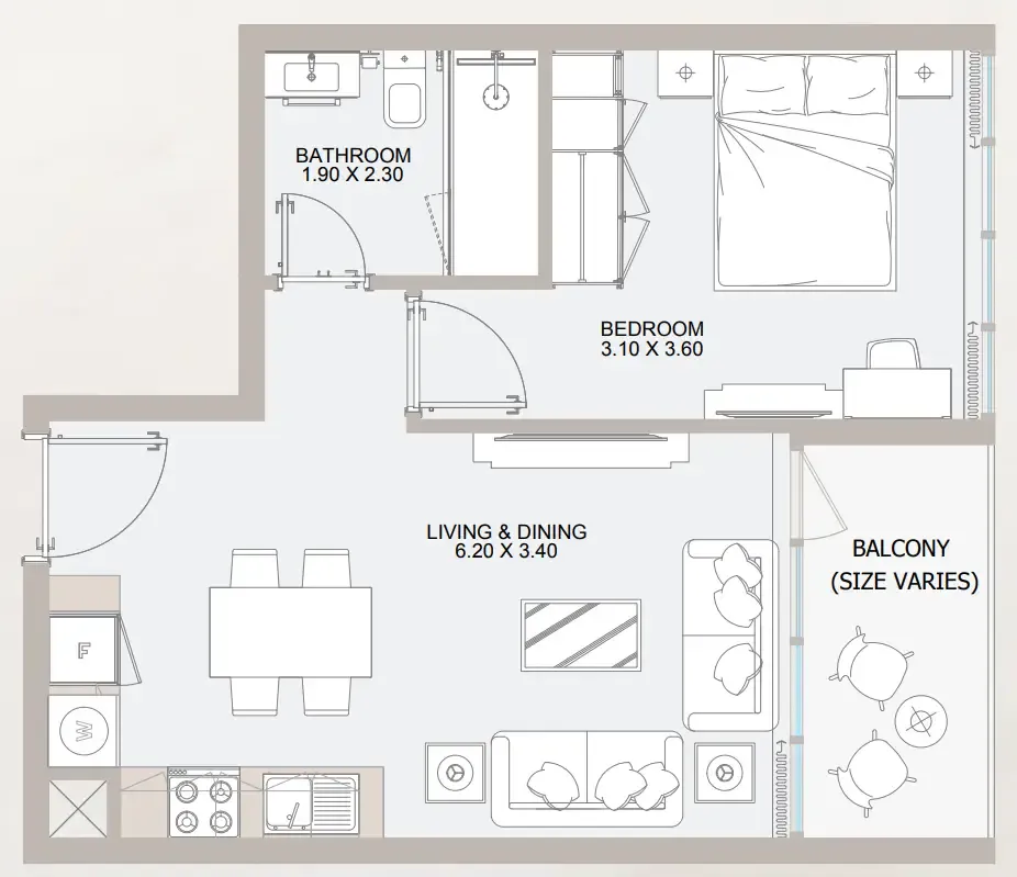 Vista 3 1 bed floor plan, 564 – 565 sqft